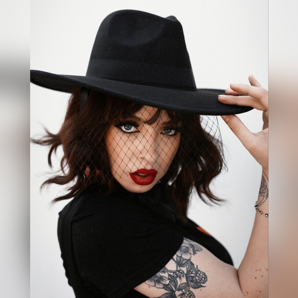 Goth Witch Felt Wide Brim Hat with Veil and Satin Ribbons